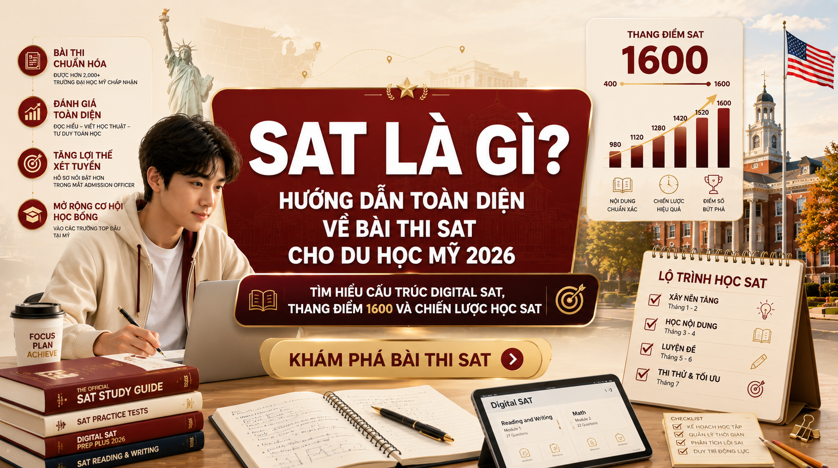 SAT là gì và vì sao bài thi này quan trọng trong hồ sơ du học Mỹ? SAT là bài thi chuẩn hóa do College Board quản lý, dùng để đánh giá năng lực đọc hiểu, viết học thuật, tư duy toán học và mức độ sẵn sàng vào đại học của học sinh. Với học sinh Việt Nam, SAT không chỉ là một chứng chỉ hỗ trợ xét tuyển mà còn là lợi thế giúp hồ sơ nổi bật hơn khi nộp vào các trường đại học Mỹ, đặc biệt trong bối cảnh nhiều trường áp dụng chính sách test-optional nhưng vẫn đánh giá cao điểm SAT tốt.