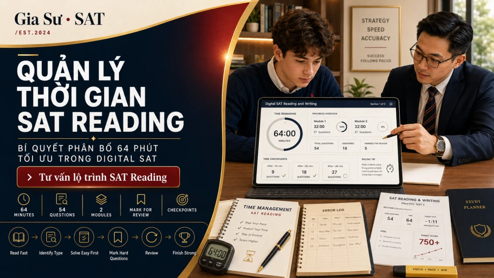 Quản Lý Thời Gian SAT Reading là kỹ năng then chốt giúp học sinh kiểm soát tốc độ làm bài, giảm áp lực và tối ưu điểm số trong Digital SAT. Với 64 phút cho 54 câu hỏi ở hai module Reading and Writing, học sinh cần biết cách phân bổ thời gian hợp lý, nhận diện câu nên làm nhanh, câu cần đánh dấu lại và duy trì pacing ổn định đến cuối bài. Với kinh nghiệm hơn 7 năm trong giáo dục học thuật quốc tế, GIASUSAT giúp học sinh xây dựng chiến lược quản lý thời gian SAT Reading có hệ thống, từ đó cải thiện độ chính xác và hướng tới mục tiêu điểm cao.