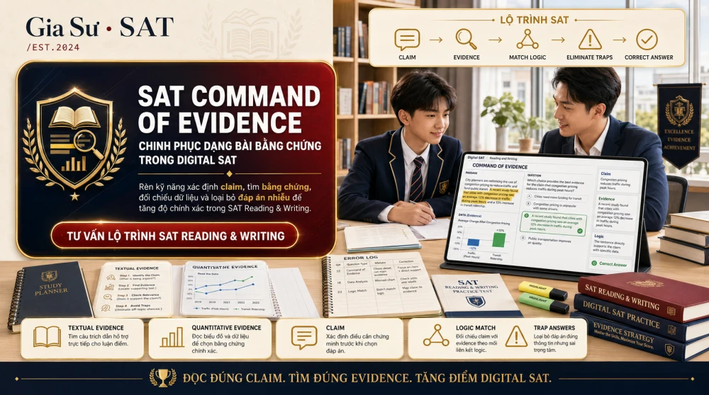 SAT Command of Evidence là dạng câu hỏi quan trọng trong Digital SAT Reading and Writing, đánh giá khả năng đọc hiểu, phân tích lập luận và lựa chọn bằng chứng phù hợp để củng cố một nhận định. Thay vì chỉ tìm đáp án đúng theo cảm tính, học sinh cần biết xác định claim, đối chiếu thông tin trong văn bản hoặc dữ liệu biểu đồ, loại bỏ bằng chứng nhiễu và chọn dẫn chứng hỗ trợ trực tiếp nhất. Bài viết này sẽ hướng dẫn chi tiết cấu trúc, các dạng câu hỏi thường gặp và chiến lược làm bài SAT Command of Evidence giúp học sinh cải thiện độ chính xác và tối ưu điểm số.