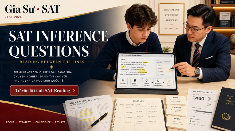 SAT Inference Questions là dạng câu hỏi suy luận quan trọng trong Digital SAT Reading and Writing, đòi hỏi học sinh không chỉ hiểu nội dung văn bản mà còn biết phân tích ngụ ý, kết nối manh mối và rút ra kết luận logic. Với kinh nghiệm hơn 7 năm giảng dạy các chương trình học thuật quốc tế, GIASUSAT giúp học sinh xây dựng phương pháp làm bài có hệ thống, tránh suy đoán cảm tính và từng bước làm chủ dạng câu hỏi suy luận để nâng cao điểm số SAT.