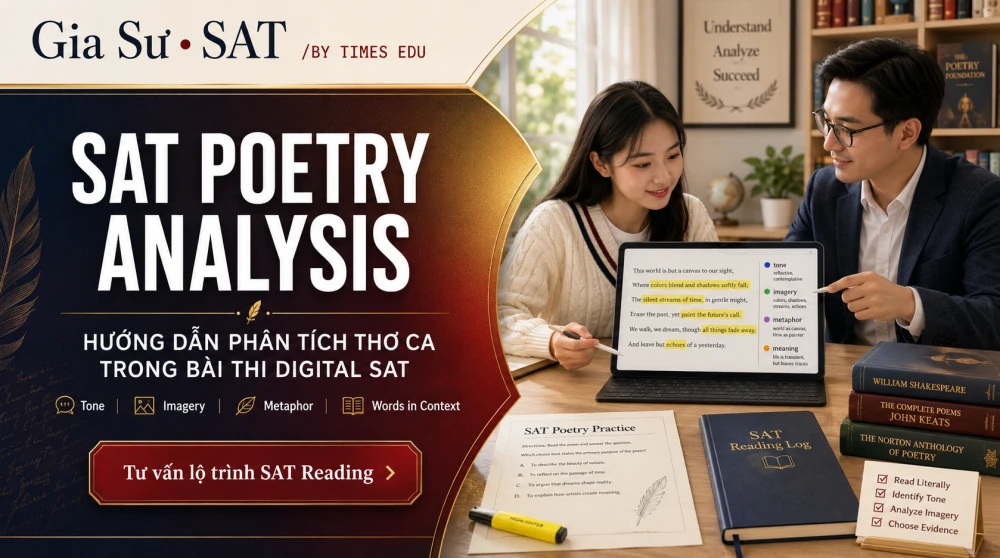 SAT Poetry Analysis là dạng câu hỏi đặc thù trong Digital SAT Reading and Writing, yêu cầu học sinh đọc hiểu đoạn thơ ngắn, xác định ý nghĩa, giọng điệu, từ vựng và biện pháp tu từ trong ngữ cảnh. Khi nắm vững chiến lược phân tích thơ, học sinh có thể xử lý hiệu quả các câu hỏi về nội dung, inference và language use, từ đó tránh mất điểm ở một dạng bài thường gây khó khăn trong kỳ thi SAT 2026.