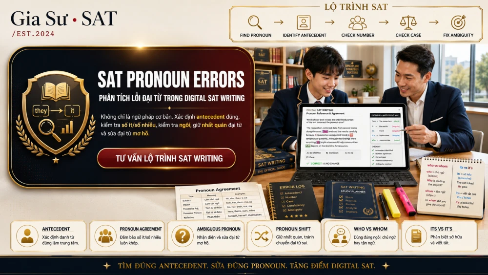 SAT Pronoun Errors là dạng lỗi đại từ thường gặp trong Digital SAT Reading and Writing, yêu cầu học sinh xác định chính xác mối quan hệ giữa đại từ và danh từ gốc, đồng thời kiểm soát sự thống nhất về số, ngôi và ý nghĩa trong toàn bộ câu hoặc đoạn văn. Dạng bài này dễ gây nhầm lẫn vì câu thường nghe tự nhiên nhưng lại sai về logic ngữ pháp. Bài viết này sẽ phân tích các nhóm lỗi SAT Pronoun Errors phổ biến, cách nhận diện bẫy đáp án và chiến lược xử lý hiệu quả giúp học sinh cải thiện điểm Writing trong kỳ thi SAT 2026.
