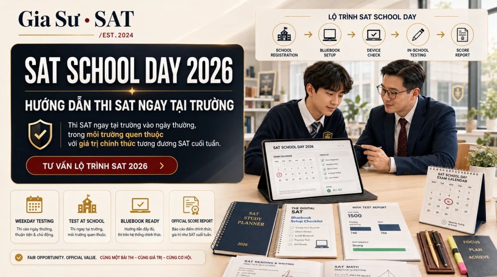 SAT School Day là chương trình thi SAT ngay tại trường do College Board triển khai, cho phép học sinh tham gia kỳ thi vào các ngày trong tuần thay vì phải đến trung tâm thi vào cuối tuần. Với kỳ thi SAT 2026, việc hiểu rõ cơ chế vận hành, điều kiện tham gia và cách chuẩn bị cho SAT School Day sẽ giúp học sinh tận dụng tốt cơ hội thi trong môi trường quen thuộc, giảm áp lực di chuyển và xây dựng chiến lược điểm số hiệu quả hơn. Bài viết này sẽ hướng dẫn phụ huynh và học sinh toàn bộ thông tin cần biết về SAT School Day một cách rõ ràng, thực tế và dễ áp dụng.