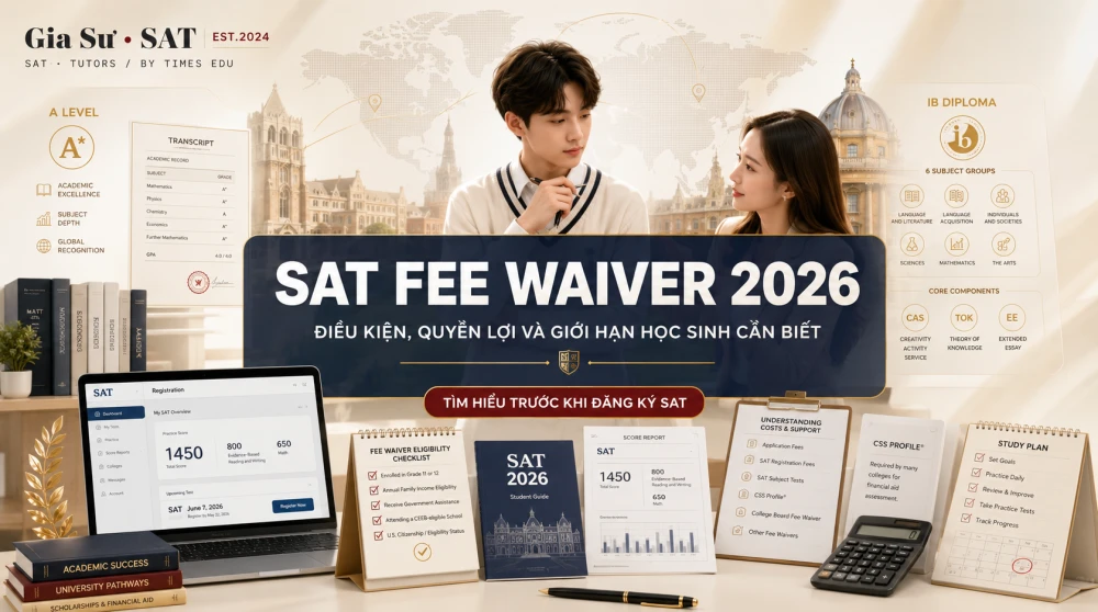 SAT Fee Waiver là chương trình hỗ trợ lệ phí thi SAT của College Board dành cho học sinh lớp 11–12 có hoàn cảnh tài chính khó khăn, chủ yếu áp dụng cho học sinh đang sống tại Mỹ hoặc vùng lãnh thổ Mỹ, cùng công dân Mỹ ở nước ngoài. Bài viết này giúp học sinh và phụ huynh hiểu rõ điều kiện, quyền lợi như miễn phí thi SAT, gửi điểm không giới hạn, hỗ trợ phí nộp hồ sơ đại học và CSS Profile, đồng thời tránh nhầm lẫn phổ biến rằng mọi học sinh quốc tế thu nhập thấp đều đủ điều kiện nhận SAT Fee Waiver trong kỳ thi SAT 2026.