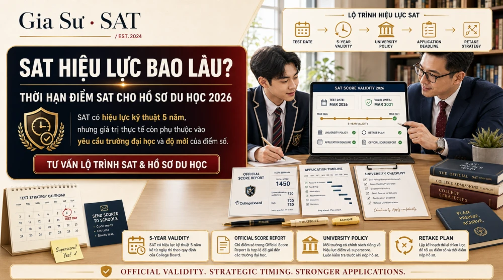 SAT hiệu lực bao lâu là câu hỏi quan trọng mà nhiều học sinh và phụ huynh cần làm rõ trước khi xây dựng lộ trình du học. Về mặt hệ thống, điểm SAT thường được College Board lưu trữ và có thể gửi trong nhiều năm, nhưng trên thực tế, mỗi trường đại học có thể có yêu cầu riêng về độ mới của điểm số khi xét tuyển. Bài viết này sẽ phân tích chi tiết thời hạn sử dụng điểm SAT, sự khác biệt giữa quy định chính thức và yêu cầu tuyển sinh thực tế, đồng thời gợi ý cách lên kế hoạch thi SAT 2026 tối ưu cho hồ sơ du học.