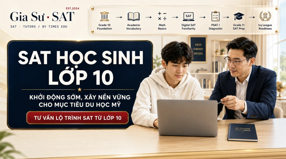 SAT học sinh lớp 10 là lộ trình khởi động sớm giúp học sinh xây nền tảng học thuật trước khi bước vào giai đoạn luyện thi SAT chuyên sâu ở lớp 11 và 12. Ở giai đoạn này, học sinh chưa nhất thiết phải thi SAT chính thức, mà nên tập trung làm quen cấu trúc Digital SAT, củng cố vốn từ vựng học thuật, rèn Reading & Writing, xây nền Math và hình thành thói quen học dài hạn để giảm áp lực khi chuẩn bị hồ sơ du học Mỹ hoặc mục tiêu trường top như Ivy League.