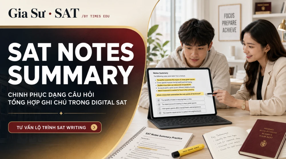 SAT Notes Summary là dạng câu hỏi tổng hợp ghi chú trong Digital SAT Writing, thuộc nhóm Rhetorical Synthesis. Ở dạng bài này, học sinh cần đọc các bullet points, xác định đúng mục đích câu hỏi và chọn câu văn tổng hợp thông tin chính xác, mạch lạc nhất. Bài viết này sẽ giúp bạn hiểu rõ cách nhận diện dạng SAT Notes Summary, các lỗi thường gặp và chiến lược làm bài hiệu quả cho kỳ thi Digital SAT 2026.