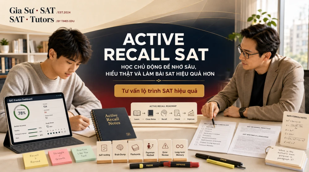 Active Recall SAT là kỹ thuật học chủ động giúp học sinh ôn SAT hiệu quả hơn bằng cách tự hồi tưởng kiến thức ra giấy hoặc nói thành lời, thay vì chỉ đọc lại sách, xem video hay highlight tài liệu. Khi áp dụng đúng cách, active recall giúp não bộ thực sự truy xuất và củng cố kiến thức, từ đó cải thiện khả năng ghi nhớ từ vựng, công thức Math, quy tắc ngữ pháp và chiến lược làm bài SAT. Đây là phương pháp đặc biệt quan trọng để tránh “illusion of competence” — cảm giác tưởng như đã hiểu nhưng chưa thể vận dụng khi làm bài thật.