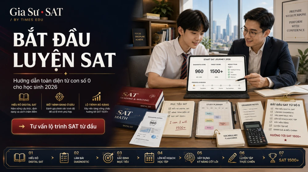 Bắt Đầu Luyện SAT đúng cách là bước quan trọng giúp học sinh xây nền vững chắc trước khi bước vào lộ trình chinh phục điểm cao cho hồ sơ du học Mỹ. Với người mới bắt đầu từ con số 0, việc xác định trình độ hiện tại, hiểu cấu trúc Digital SAT, chọn tài liệu phù hợp và xây dựng kế hoạch học theo từng giai đoạn sẽ quyết định hiệu quả của toàn bộ quá trình ôn thi. Bài viết này cung cấp hướng dẫn toàn diện giúp học sinh tránh học sai hướng, tiết kiệm thời gian và tạo nền tảng vững chắc cho mục tiêu SAT 1500+.