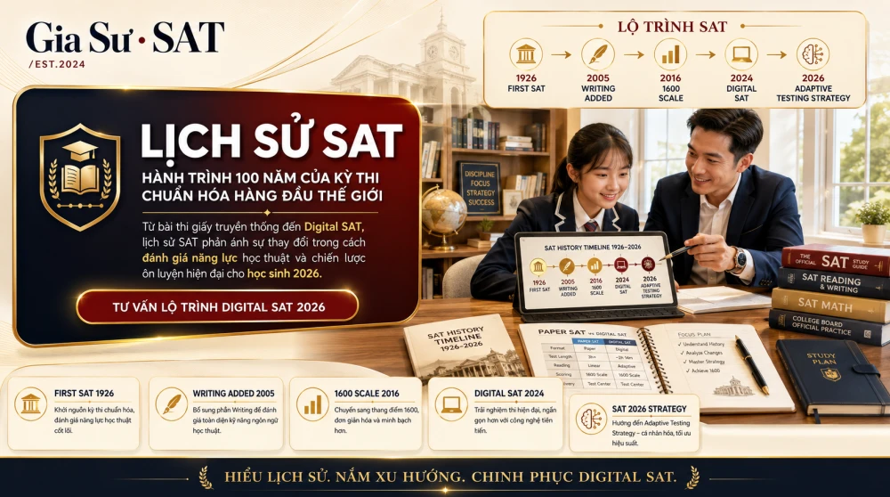 Lịch Sử SAT là hành trình gần 100 năm phản ánh sự thay đổi của giáo dục đại học Mỹ và cách các trường đánh giá năng lực học thuật của học sinh. Từ nguồn gốc là một bài kiểm tra chịu ảnh hưởng từ mô hình đo lường trí tuệ, SAT đã nhiều lần cải tổ về cấu trúc, thang điểm và hình thức thi để trở thành kỳ thi chuẩn hóa kỹ thuật số hiện đại như ngày nay. Bài viết này sẽ phân tích các cột mốc quan trọng trong lịch sử SAT, giúp học sinh và phụ huynh hiểu rõ vì sao bài thi này vẫn giữ vai trò chiến lược trong hồ sơ du học 2026.
