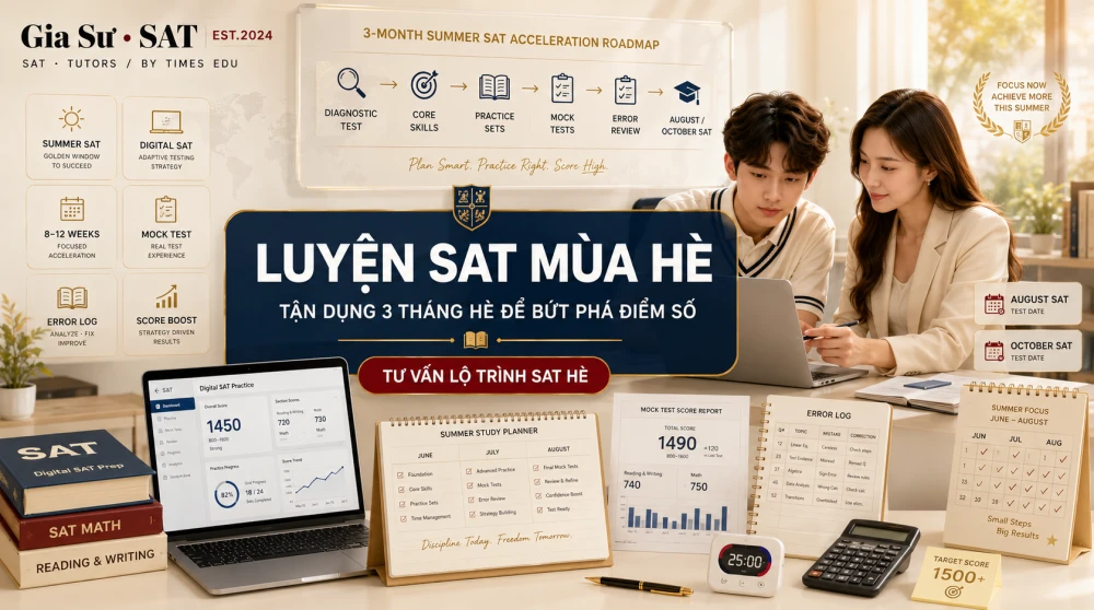 Luyện SAT Mùa Hè là lựa chọn chiến lược cho học sinh muốn tận dụng 2–3 tháng nghỉ hè để tập trung cải thiện điểm SAT trước kỳ thi tháng 8 hoặc tháng 10. Với lịch học cường độ cao, lộ trình rõ ràng và thời gian ôn tập ít bị gián đoạn bởi chương trình chính khóa, mùa hè trở thành “thời điểm vàng” để học sinh củng cố Reading & Writing, Math, luyện đề chuẩn Digital SAT và xây dựng chiến thuật làm bài hiệu quả cho mục tiêu tăng điểm.