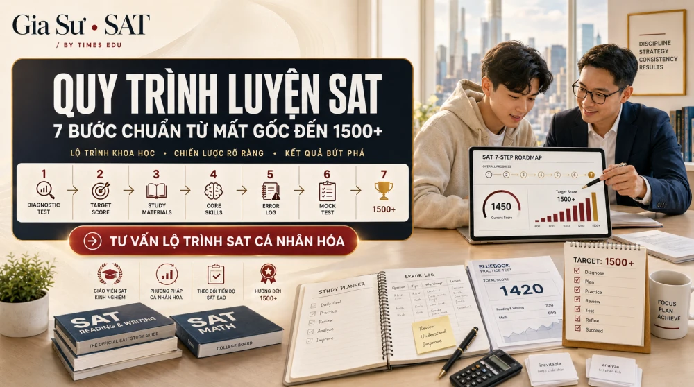 Quy Trình Luyện SAT là roadmap 7 bước giúp học sinh ôn SAT từ mất gốc đến mục tiêu 1500+ một cách có hệ thống, thay vì học theo cảm hứng hoặc làm đề rời rạc. Bài viết này phân tích từng bước quan trọng trong quá trình luyện SAT, từ kiểm tra đầu vào, xây nền Reading – Writing – Math, luyện chiến thuật, làm mock test đến tối ưu điểm số, giúp học sinh tránh đi tắt sai cách và phát huy đúng tiềm năng.